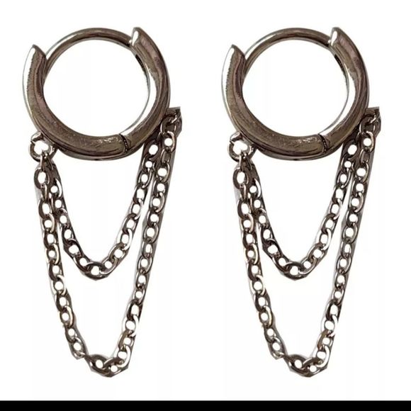 Silver titanium cuff link chain goth punk earrings new - Picture 4 of 4